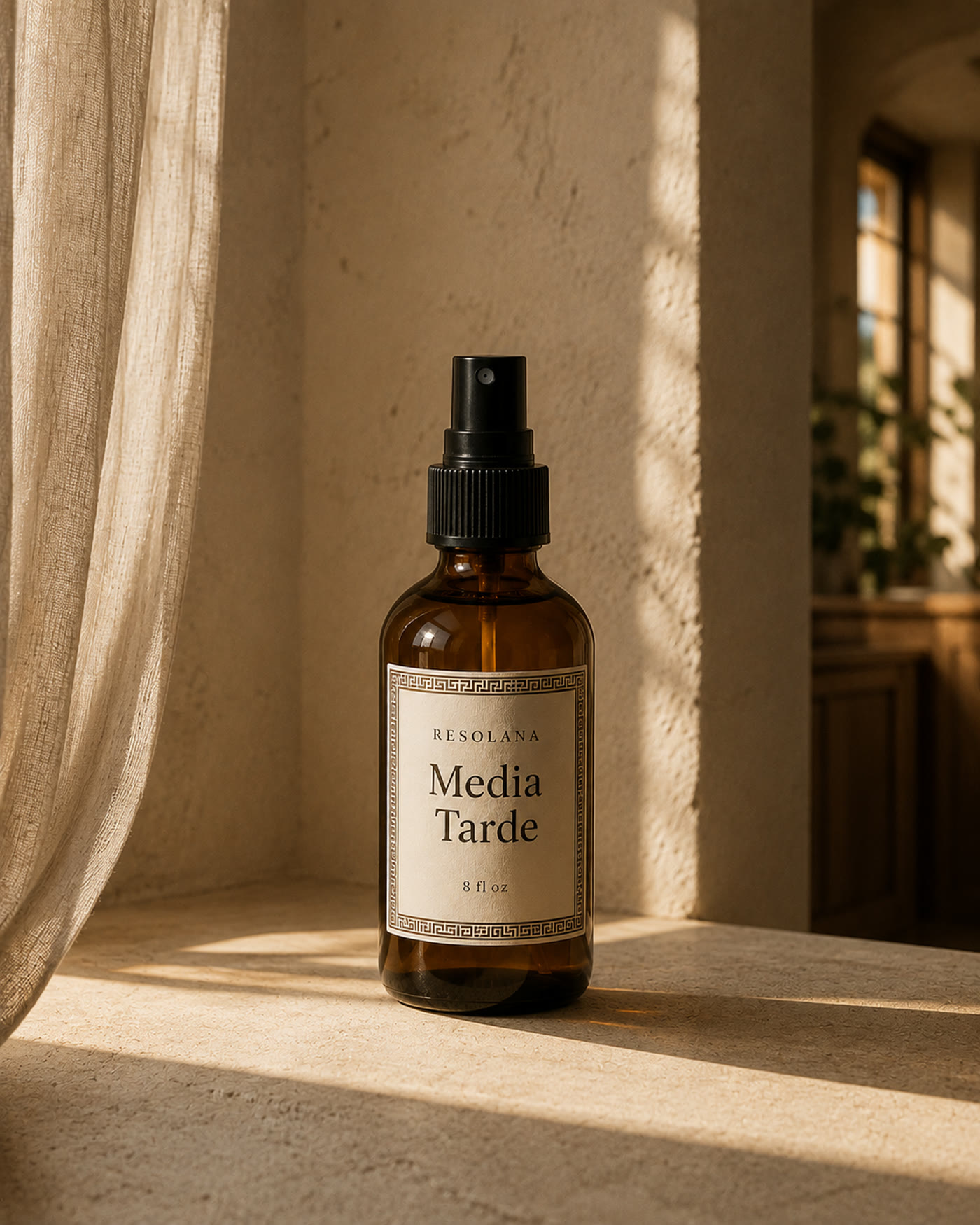 Media Tarde on a stone sill, linen, window and plants
